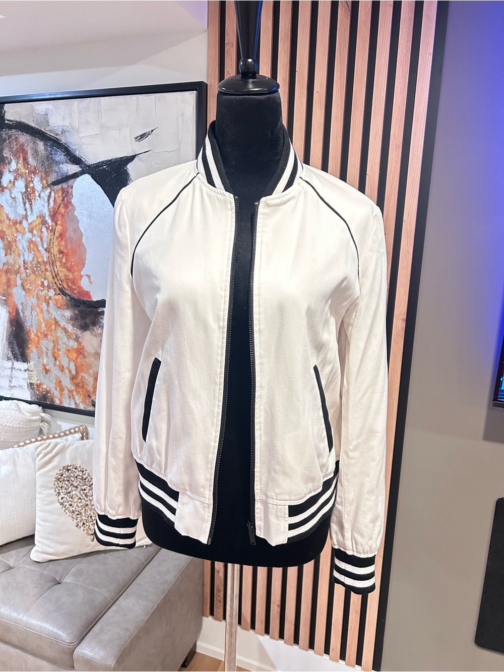Karl Lagerfeld Cream Bomber Jacket with Black Trim